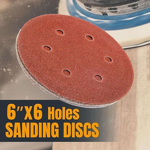 POWERTEC 40/80/120 Grit, 75 PK, 6 Inch Sanding Discs – Hook and Loop, 6-Hole Aluminum Oxide Orbital Sander Pads, Woodworking Round Sandpaper for Random Orbital, Air, Pneumatic & DA Sanders (45251)