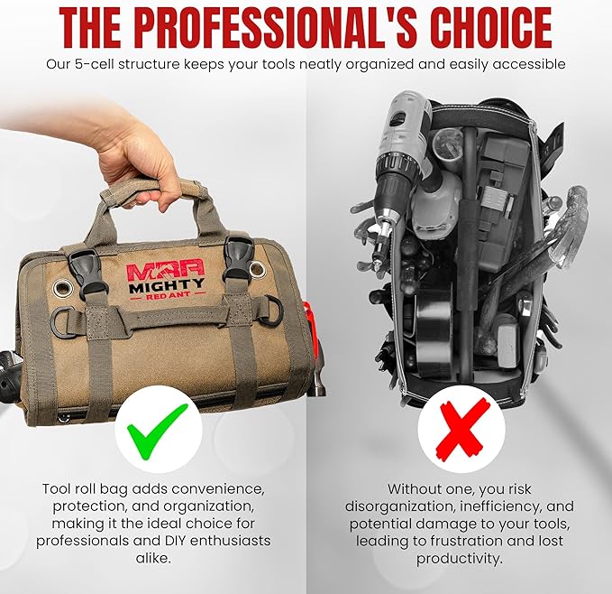 Tool Roll Bag Organizer with Magnetic Plate – Heavy Duty Polyester, Ideal Gifts For Men, Portable Tool Roll Up Bag with 5 Large Pouches & 4 Tool Strap – Khaki (26 Inches)
