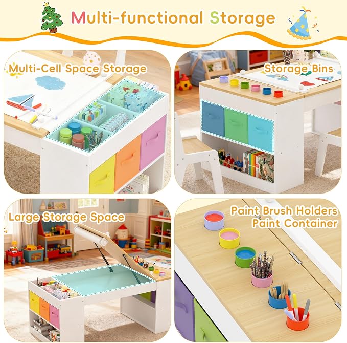 Kids Art Table and 2 Chairs Set, Wooden Craft Desk - Image 4