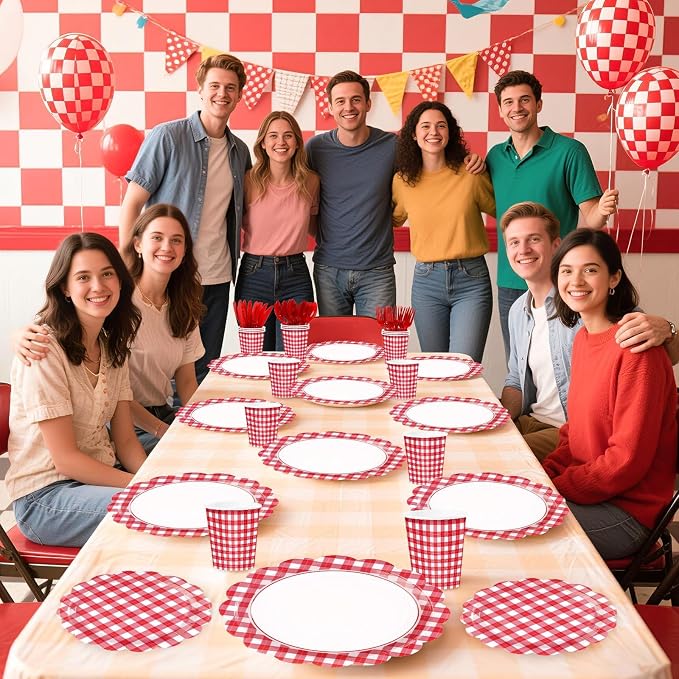 168 Pcs Red Gingham Checkered Party Supplies Scalloped Red and White Checkered - Image 7