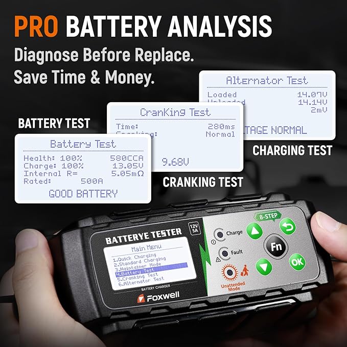 FOXWELL BC521 12V 5A Battery Charger, Tester, Trickle Charger & Desulfator, 4-in-1 Smart Automotive Battery Tool with 8-Stage Charging, Pulse Repair, Cranking & Alternator Test for Car, RV, Motorcycle