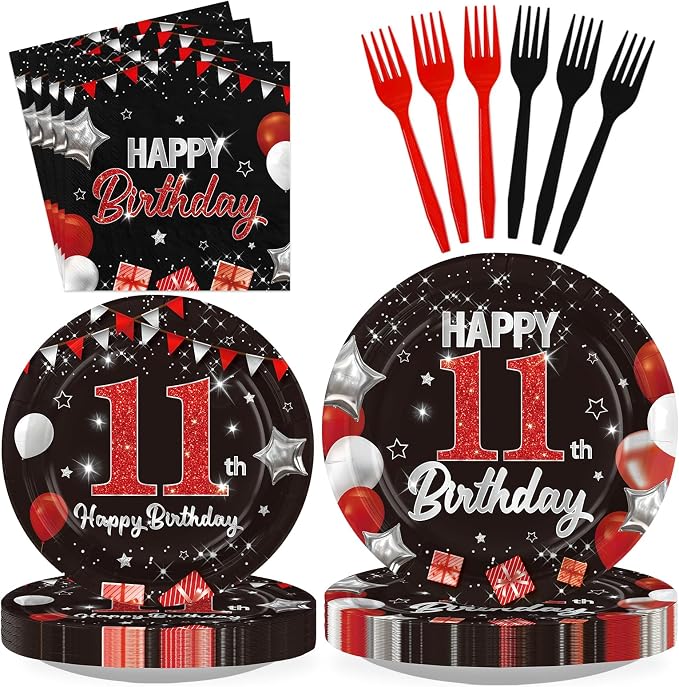 96Pcs Red and Black Party Decorations Happy 11th Birthday Plates and Napkins by Greencian