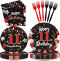 96Pcs Red and Black Party Decorations Happy 11th Birthday Plates and Napkins by Greencian