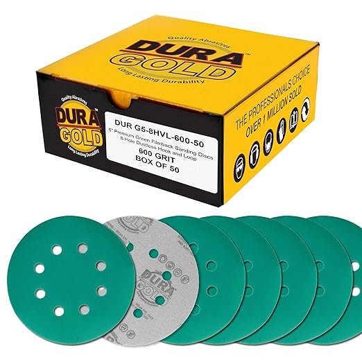 Dura-Gold Premium 600 Grit 5" Green Film Sanding Discs, 8-Hole Pattern, Box of 50 - Dustless Hook & Loop Backing Sandpaper for DA & Random Orbital Sanders, Sand Automotive Paint Woodworking Furniture