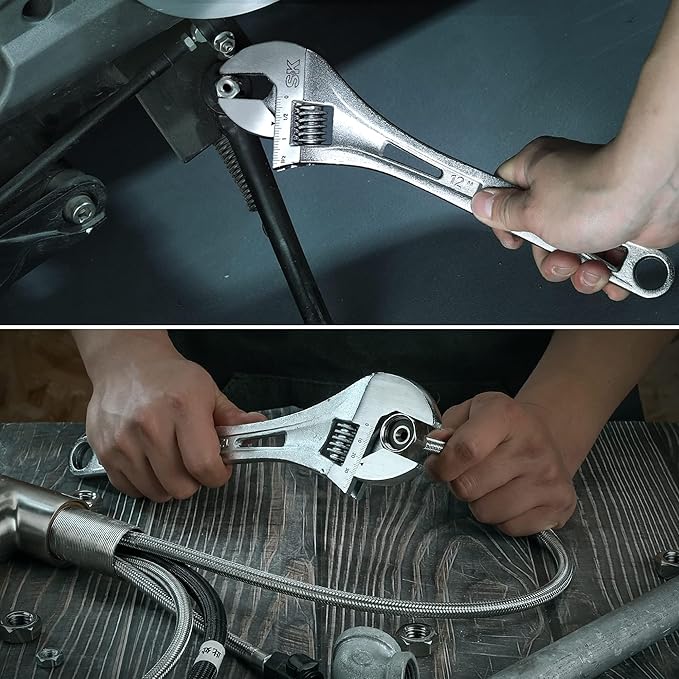 SK 12-Inch Adjustable Wrench, 1-1/2" Jaw Capacity, Cr-V Steel, SAE&Metric Scales