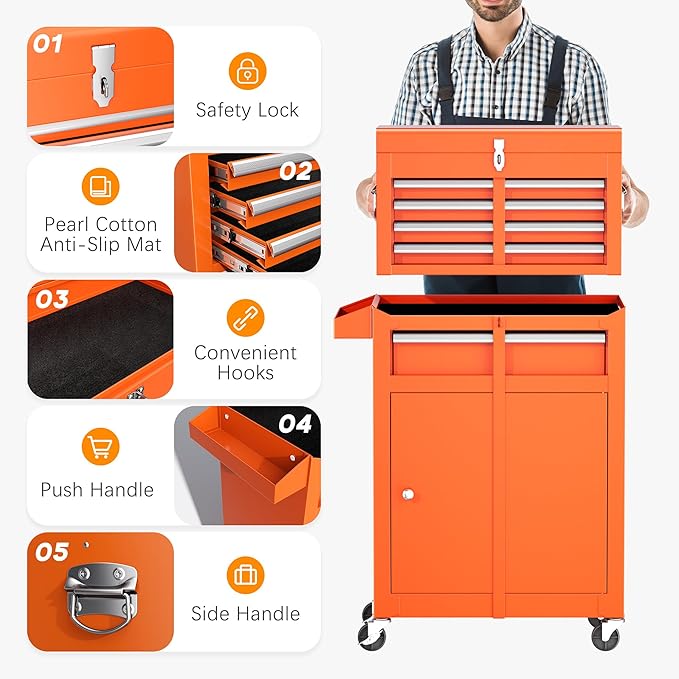 INTERGREAT Tool Chest Cabinet, 5-Drawer Rolling Tool Chest with Detachable Top Tool Box, Tool Chests with Universal Lockable Wheels, Metal Tool Cart for Garage, Workshop, Barbershop(Orange)