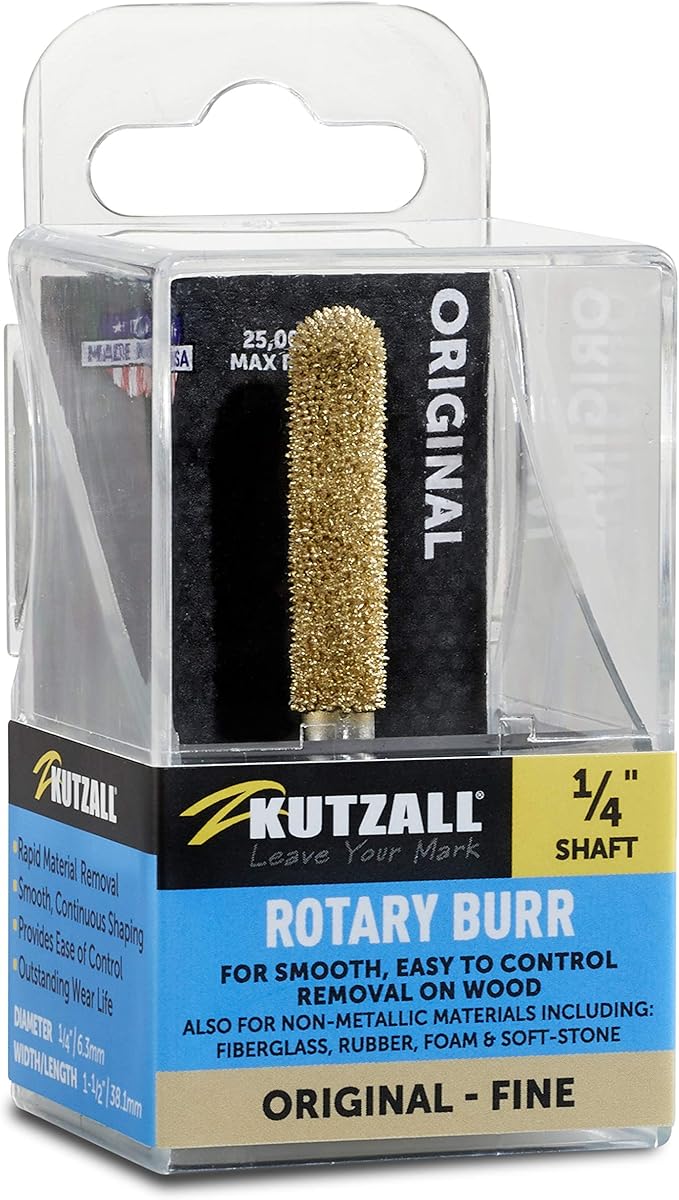 Kutzall Original Ball Nose Rotary Burr, 1⁄4"Shaft, Fine - Wood Carving Bit for Bosch, DeWalt, Milwaukee. Abrasive Tungsten Carbide, 1⁄4" (6.3mm) Dia. X 1-3⁄8" (34.9mm) Length, BN-14G