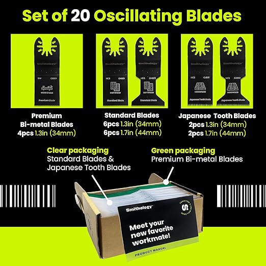 Smithology 20PCS Universal Metal/Wood Oscillating Saw Blades Combo Pack – 4 Bi-Metal Blades, 12 Standard Blades, 4 Japanese Tooth Blades