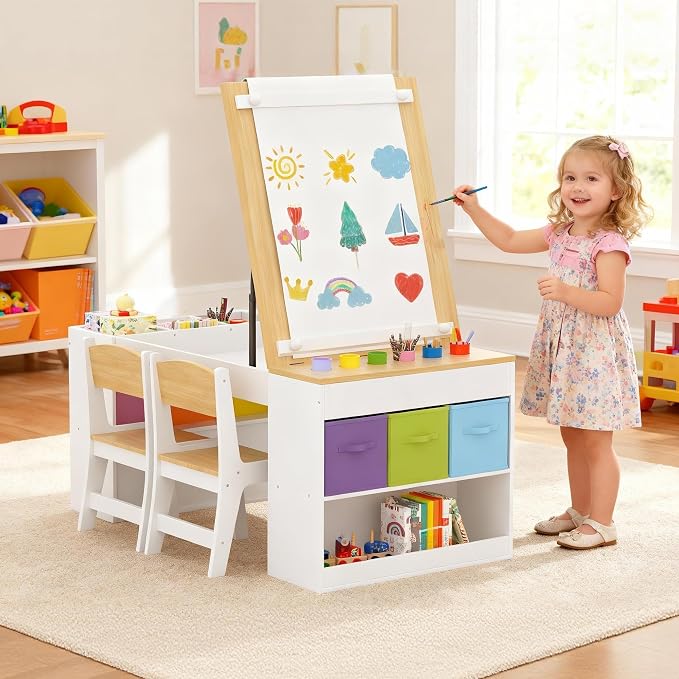 Kids Art Table and 2 Chairs Set, Wooden Craft Desk by Callales