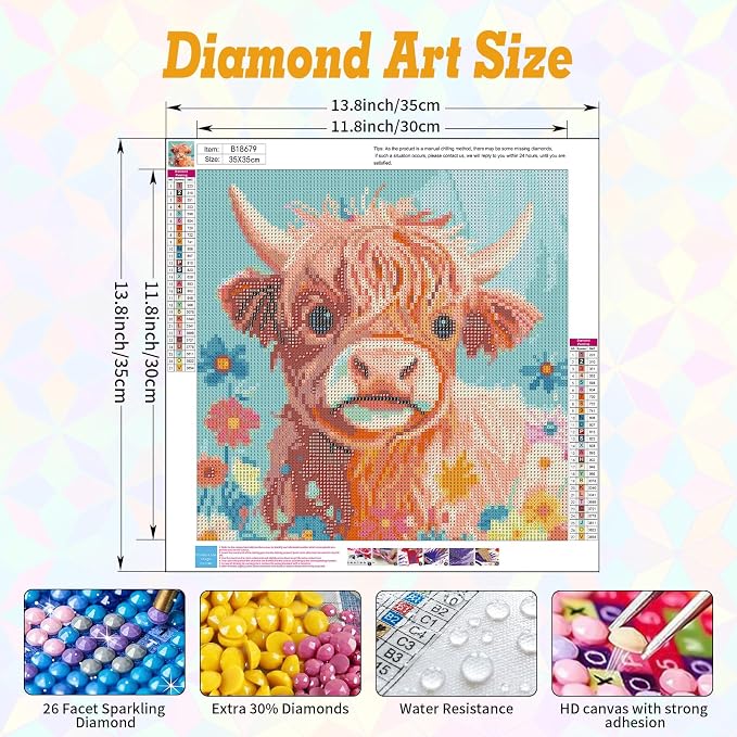 Highland Cow Diamond Art Kits for Adults Beginners 14x14 in, DIY Craft Gift | - Image 3