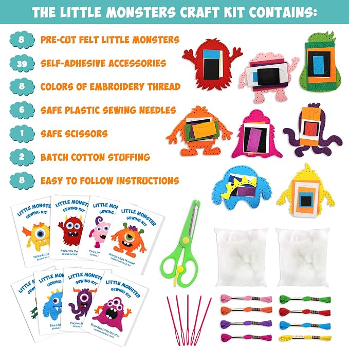 CiyvoLyeen Kids Sewing Kit Crafts – Little Monsters Felt Plush DIY Craft Adopt - Image 3