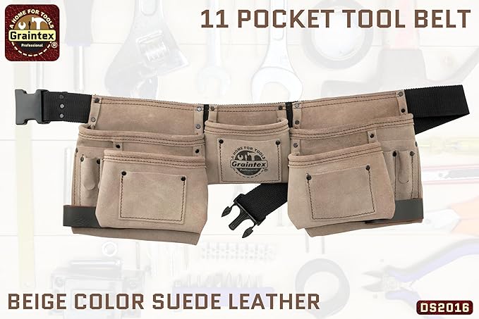Graintex DS2016 11 Pocket Beige Color Suede Leather Tool Belt/Tool Bag/Work Apron, 2 Hammer Loops, Adjustable Belt | Construction, Carpenter, Roofing, Drywall, Electrician, Gardening, DIY
