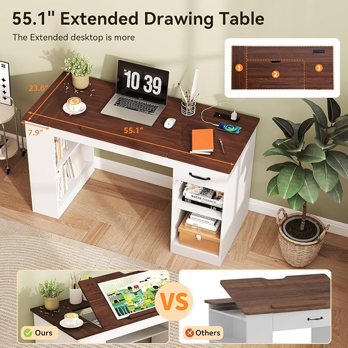 Verano Garden 55.1" Drafting Table, Craft Art Table, Computer Desk | Storage - Image 6
