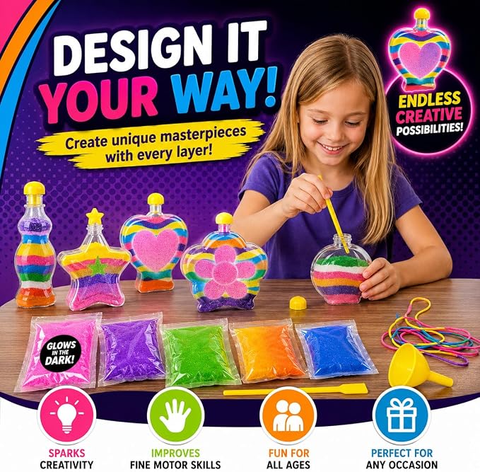 Glow Sand Art Kit, DIY Craft for Girls w/ 5 Necklace Bottles | Includes 1 Glow - Image 3