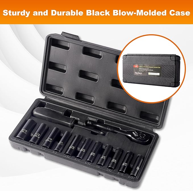 13-Piece 1/4" Drive Socket Set, SAE (3/16"- 11/32"), Deep Sockets, 72-Tooth Ratchet Wrench, Drive Spinner Handle, 6 Point Design, Cr-V