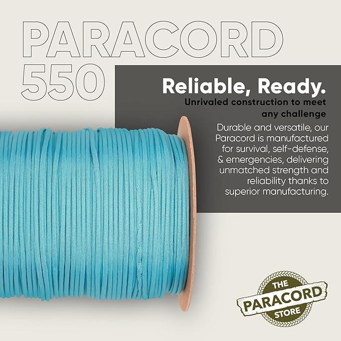 The Paracord Store | Type III 550 Paracord - 1000 FT Spool, Neon Turquoise | Heavy Duty 7 Strand Tactical Paracord - USA Made Nylon Outdoor Parachute Cord for Camping, Fishing & More - Survival Cord
