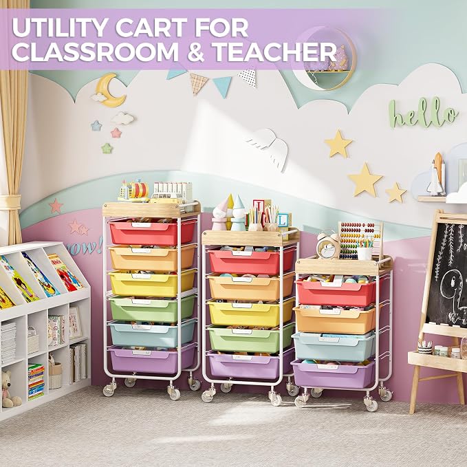 SYKIARIOL Utility Cart with 5 Labeling Drawers and Wooden Tabletop – Rolling - Image 9
