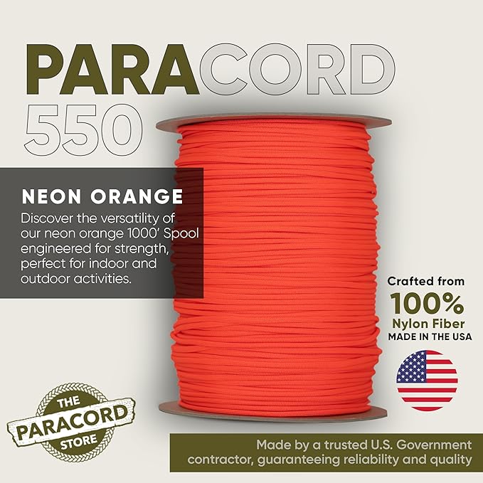 The Paracord Store | Type III 550 Paracord - 1000 FT Spool, Neon Orange | Heavy Duty 7 Strand Tactical Paracord - USA Made Nylon Outdoor Parachute Cord for Camping, Fishing & More - Survival Cord