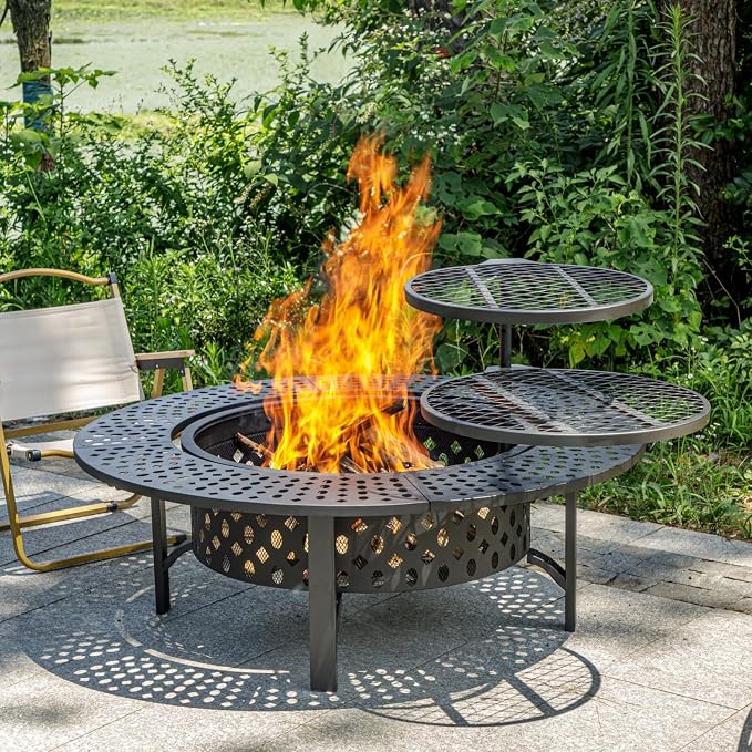 OutVue 47 Inch Fire Pit with 2 Grills, Wood Burning Fire Pits - Image 3