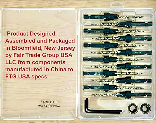 FTG USA 12 Pc #8 (11/64") Countersink Drill Bit Set with Depth Stop Collar, Hex Wrench - Tapered Drill Bits for Wood