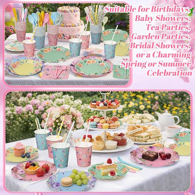 450 Pcs Floral Tea Party Tableware Set Decorations Scalloped Flower Paper - Image 5