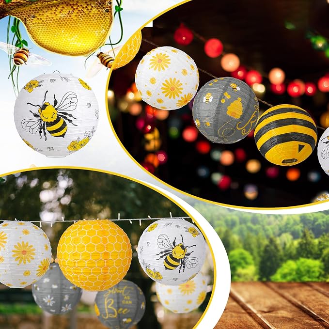 Panelee 12 Pcs Bee Party Decorations Paper Lanterns 8 Inch Hanging Round - Image 4