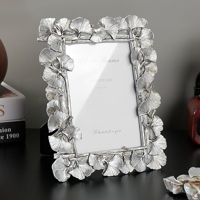 Cuspin 4x6 Silver Picture Frame, Vintage Silver Ornate Leaf Textured - Image 4