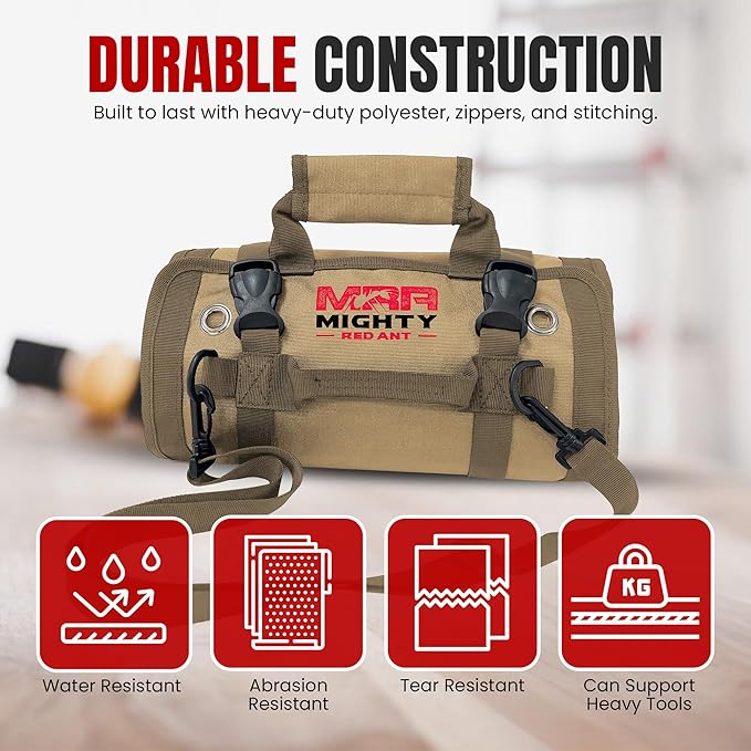 Tool Roll Bag Organizer with Magnetic Plate – Heavy Duty Polyester, Ideal Gifts For Men, Portable Tool Roll Up Bag with 5 Large Pouches & 4 Tool Strap – Khaki (26 Inches)