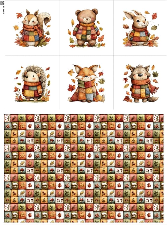 Autumn Animals Patchwork Cotton Fabric Panel – 6 Designs + Bonus Patchwork by FabricsTown