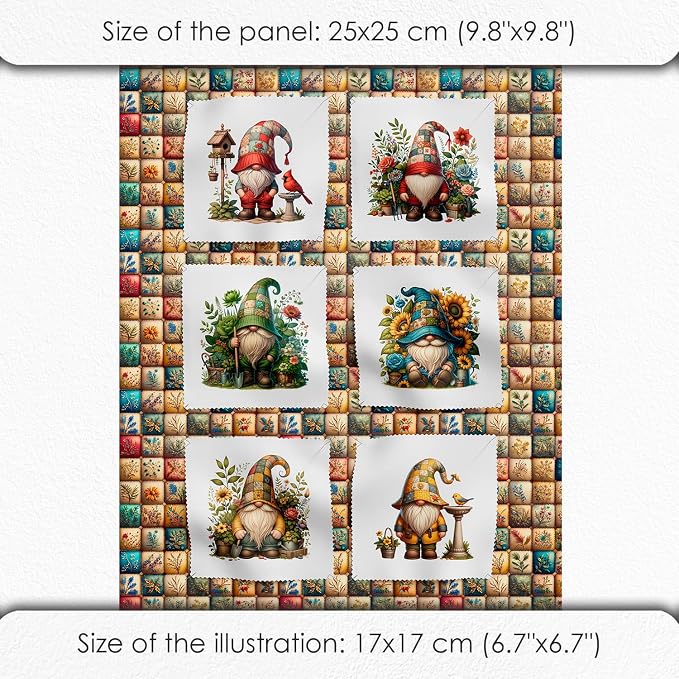 Gnome Patchwork Cotton Fabric Panel – 6 Designs 10×10 inch + Bonus Patchwork - Image 5