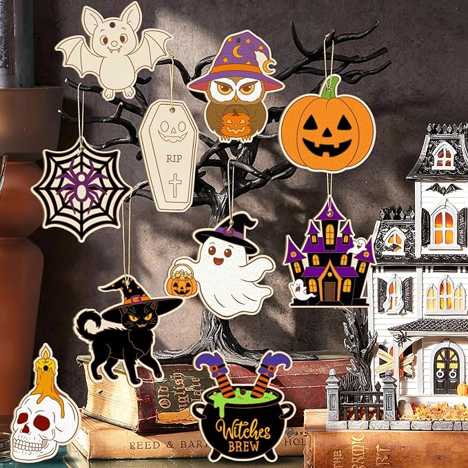 80PCS Wooden Halloween Ornaments to Paint Fall Decorations, 10 Styles DIY Blank - Image 7