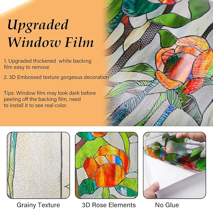 Kromapolis Window Privacy Film Stained Glass Faux 3D Rose Decorative UV Sun - Image 5