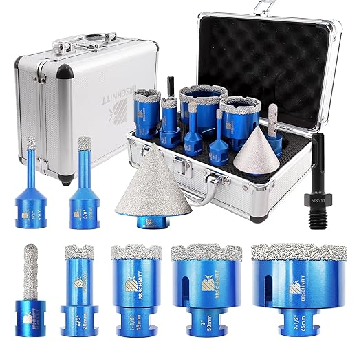 Diamond Core Drill Bit Set for Porcelain Tile Ceramic Marble Granite Drilling,BRSCHNITT 9pcs Vacuum Brazed Diamond Hole Saw with 5/8-11 Thread （1/4" 3/8" 4/5" 1-3/8" 2" 2-1/2"）