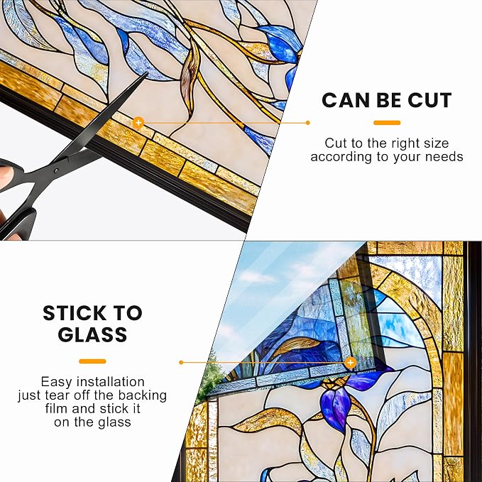 Stained Glass Window Privacy Film: Non-Adhesive Sun and Landscape Mosaic Design - Image 6