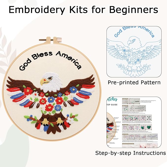 Nuberlic Embroidery Kits for Beginner Adults, God Bless America Eagle Cross - Image 3