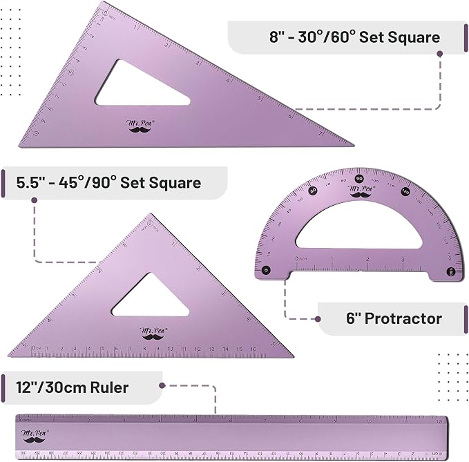 Mr. Pen- Metal Geometry Kit, 4 Pack, 45° & 30°/60° Set Squares | 6" Protractor - Image 2