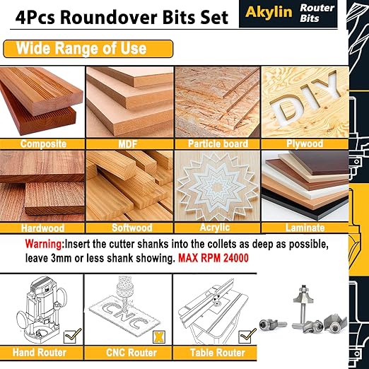 4Pcs Roundover Router Bits,Radius -3/16",1/4",5/16",3/8" Edge Forming Router Bit Set,1/4 Inch Shank,Corner Rounding Router Bits,for Round Trimming,with Ball Bearing Guide