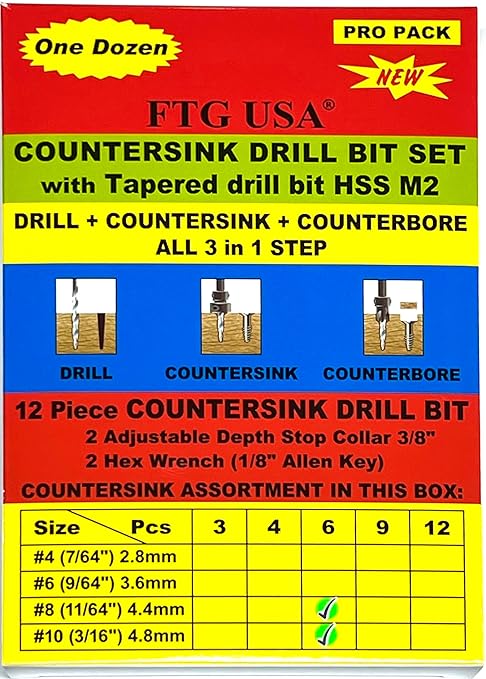 FTG USA Countersink Drill Bit Set for Wood with Tapered Drill Bit 6 Pc #8 (11/64"), 6 Pc #10 (3/16")