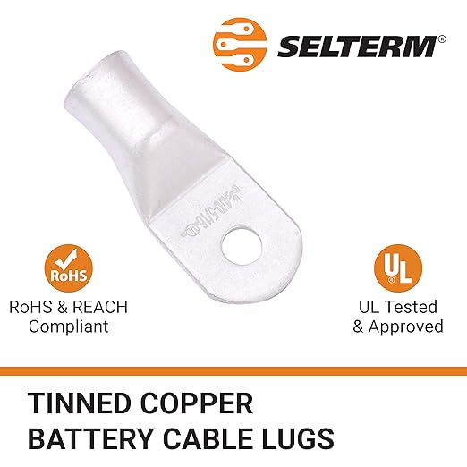 SELTERM 2pcs 4/0 AWG 5/16" Stud Tinned Copper Wire Lugs, Battery Cable Ends, Ring Terminals, 0000 Gauge Terminal Connectors, UL Marine Grade Electrical Connectors