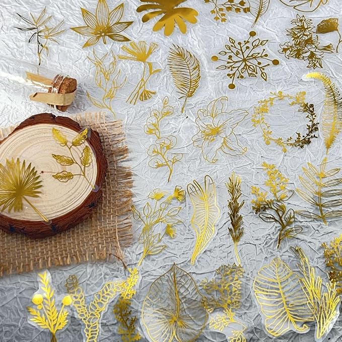 50PCS Boughs and Flowers Stickers Aesthetic PET Stickers Gold Stamp Decal - Image 4