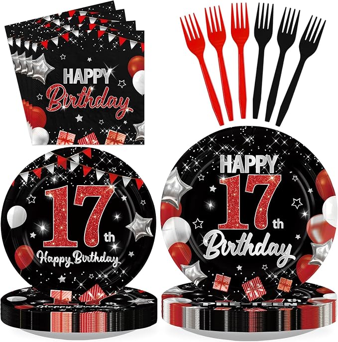 96Pcs Red and Black Party Decorations Happy 17th Birthday Plates and Napkins by Greencian