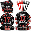 96Pcs Red and Black Party Decorations Happy 17th Birthday Plates and Napkins by Greencian