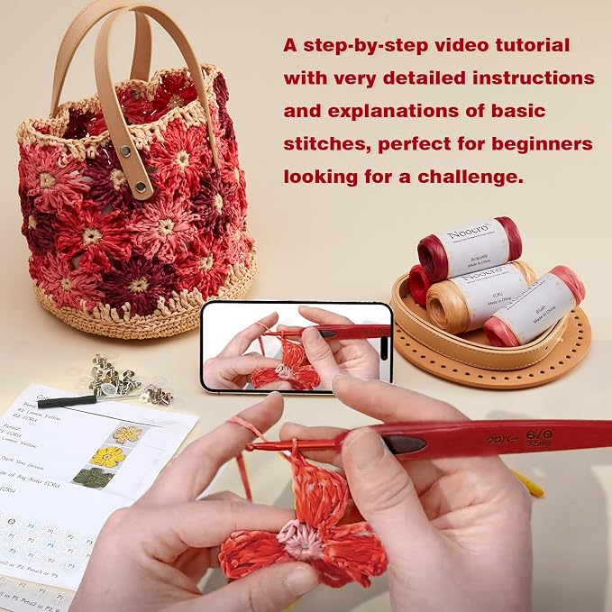 Noocro Crochet Kit for Intermediate or Advanced Level, Floral Raffia Bucket Bag - Image 5