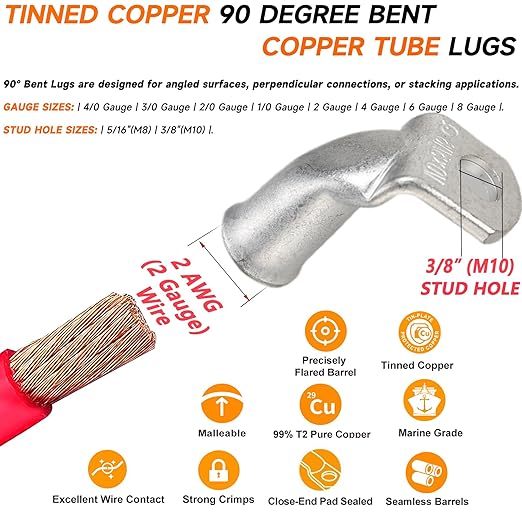 Tinned Copper Cable Lugs 10pcs 2 AWG-3/8 90 Degree Bent Battery Lugs,Heavy Duty Wire Lugs,Ring Terminal,2 Guage terminals,Battery Cable Ends/Terminal Connectors with 10pcs 3:1 Heat Shrink Tubing