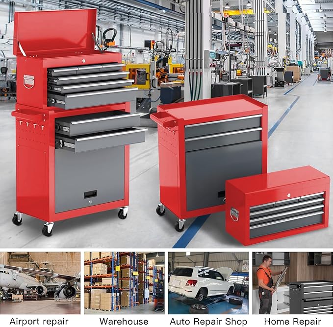 Tool Chest 8-Drawer | 42'' Large Rolling Tool Chest with Wheels | Detachable Top Metal Tool Box | Garage Storage Cabinet for Repair Room,Warehouse | Rolling Tool Box with Hooks,Liners,Tray Divider
