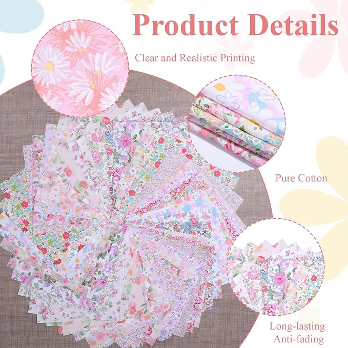 48 Pcs 10 x 10 Inches Pink Floral Cotton Fabric Bundles, Precut Pink Retro - Image 6