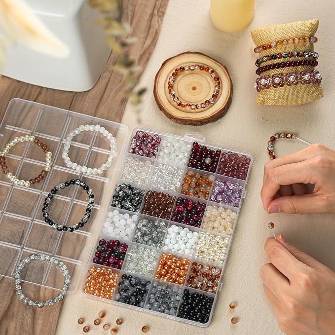 1200PCS 6mm Glass Beads Bracelet Making Kit, 24 Colors Assorted Black and White - Image 3