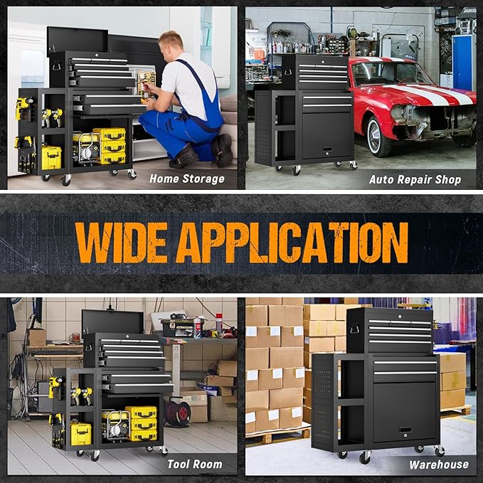 8 Drawers Rolling Tool Chest, Tool Box Detachable Top Metal Tool with Locking System, Protective Mat & Tool Rack, Garage Storage Cart with Side Cabinet, Tool Box for Garage