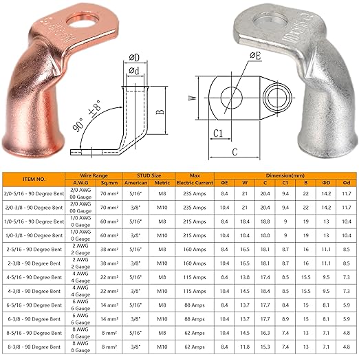 Tinned Copper Cable Lugs 10pcs 2 AWG-5/16 90 Degree Bent Battery Lugs,Heavy Duty Wire Lugs,Ring Terminal,2 Guage terminals,Battery Cable Ends/Terminal Connectors with 10pcs 3:1 Heat Shrink Tubing