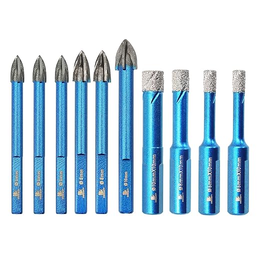 Dry Diamond Core Drill Bit Set,BRSCHNITT 1/4"*2,5/16",3/8" Diamond Hole Saw& 1/4"*3,5/16"*2,3/8" Carbide Drill bits with Triangle Shank for Porcelain Tile Ceramic Stone Granite Marble(10pcs)
